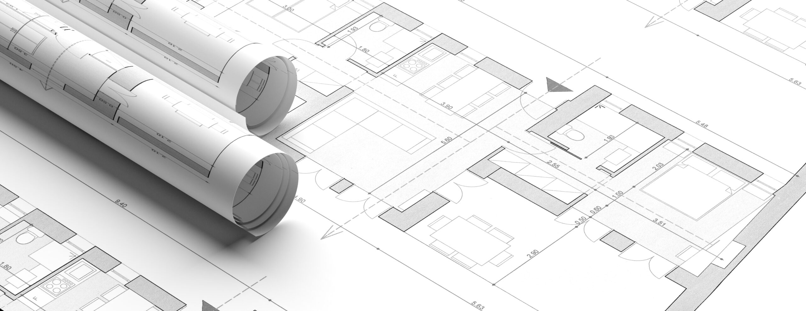 Building project blueprint plans. Real estate, construction concept. Architecture design, banner. 3d illustration