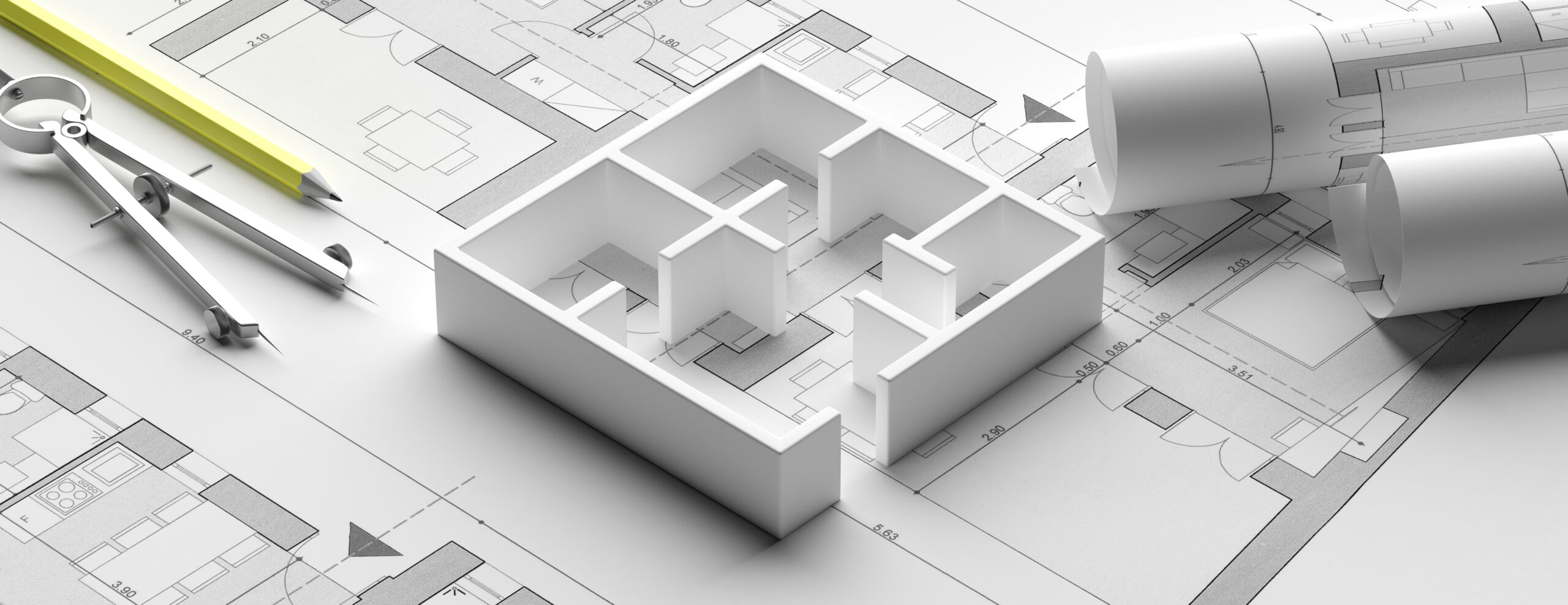 Building project blueprint plans and house model. Real estate, construction concept, banner. Architecture design. 3d illustration